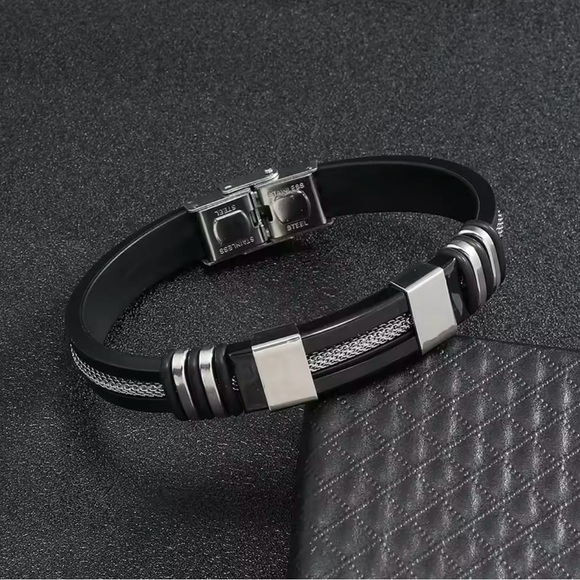 Men Leather Bracelet Bangle Stainless Steel Black 9” - Picture 1 of 4